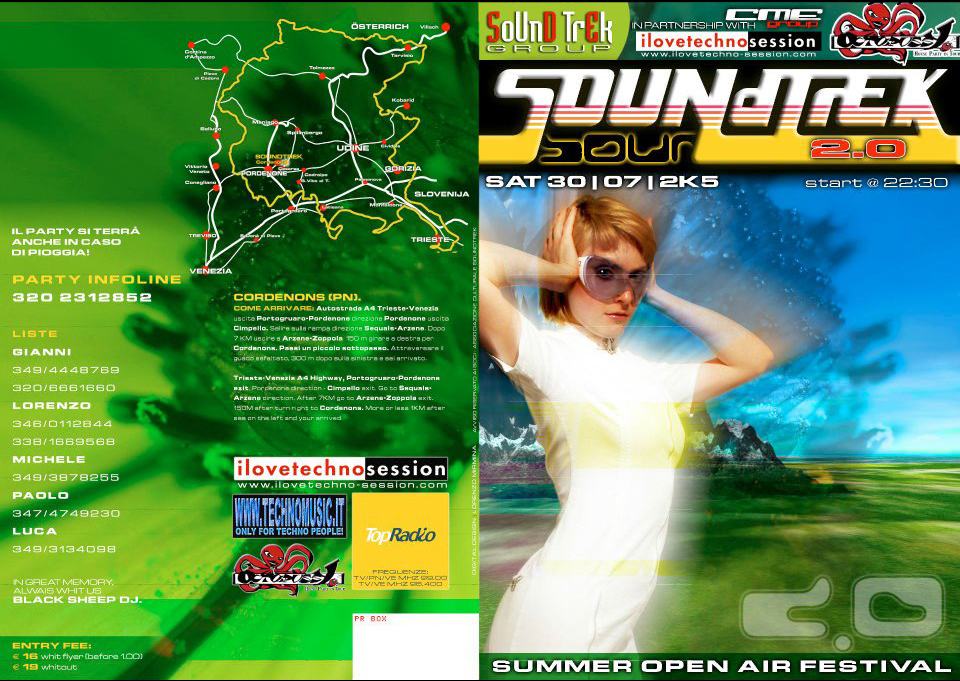 Flyer Soundtrek 2005. Foto e rendering Lorenzo Mirmina. Cm 21x30 aperto, cm 15x21 chiuso. Esterno.