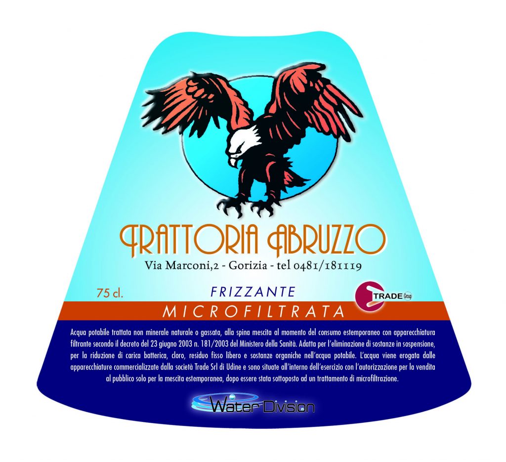 Trade group etichetta bottiglia acqua “Trattoria Abruzzo”, quadricromia.
