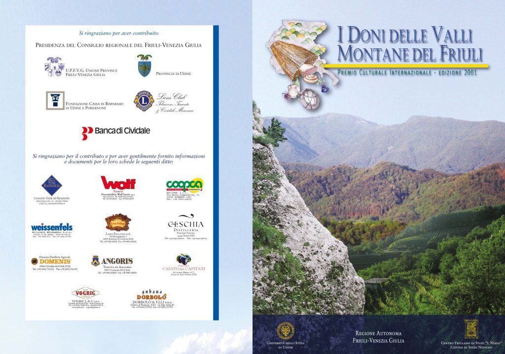 Prima e ultima di copertina libretto bando premio letterario “I Doni delle Valli Montane del Friuli”, cm. 15x21, quadricromia.