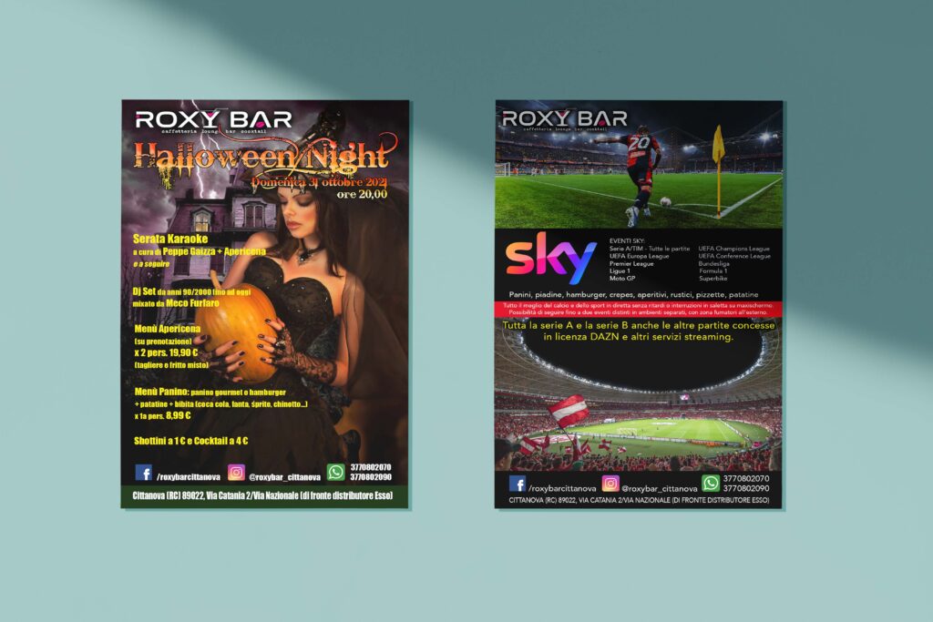 Volantino per Roxy Bar, Halloween ed eventi Sky, cm. 10 x 15.